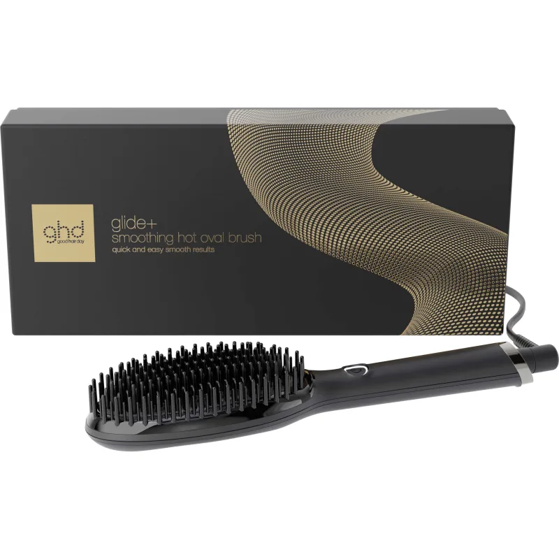 ghd Glide+ oval värmeborste i svart framför sin förpackning